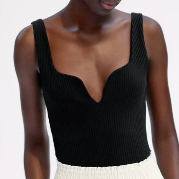 Zara Black Knit Ribbed Sweet Heart Neckline Bodysuit Top Size Small - Picture 2 of 10
